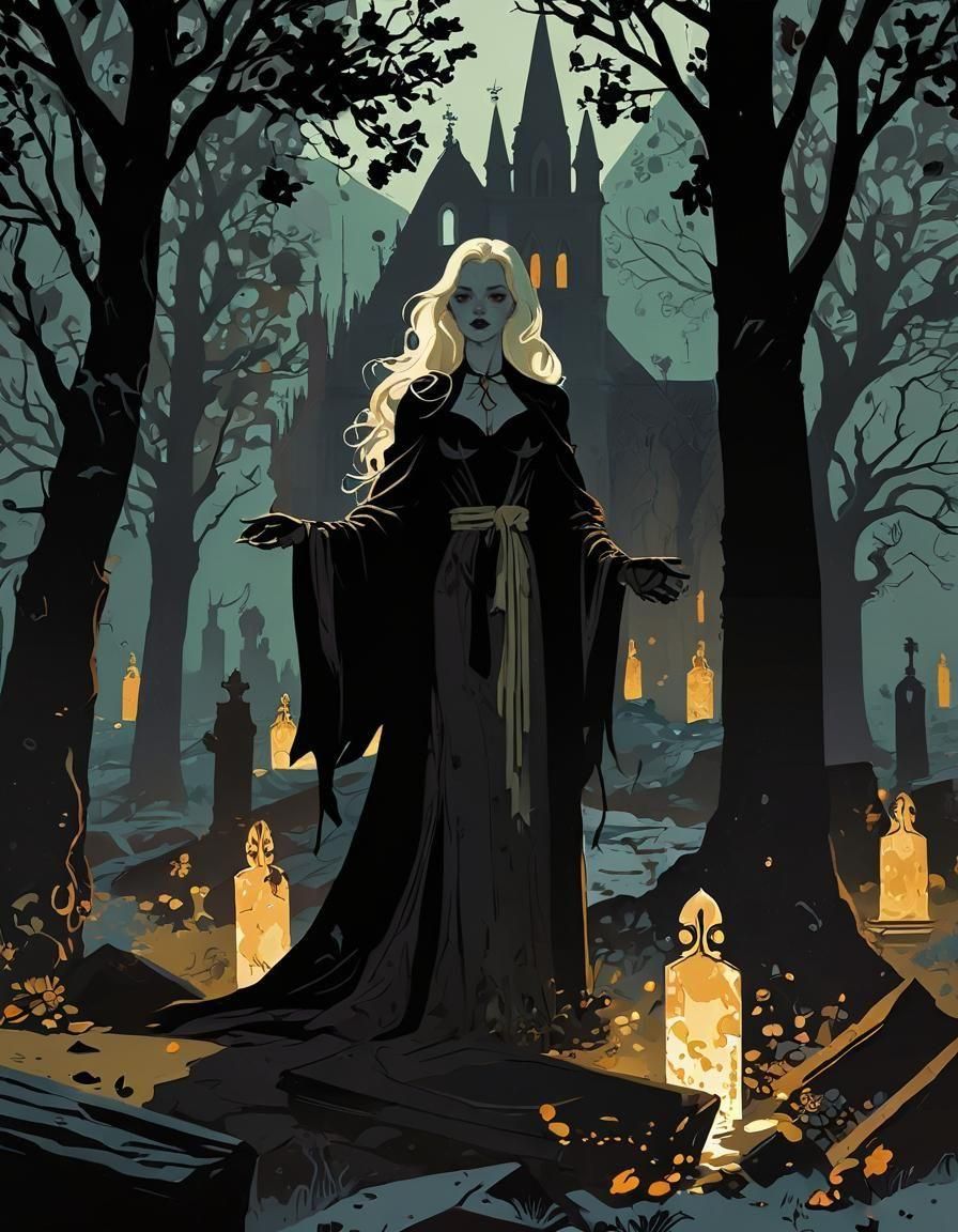 Silhouette Witch Casting Plague Spell in Graveyard