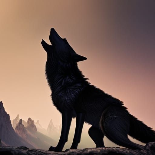 Black Wolf Howling at Moon, Fantasy Concept Art