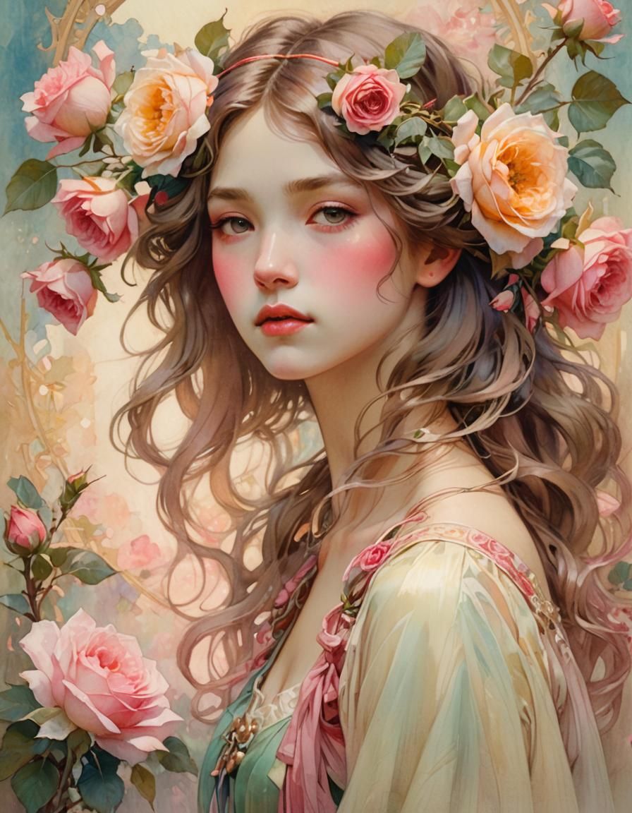 Dreamy Impressionistic Portrait of Girl with Roses