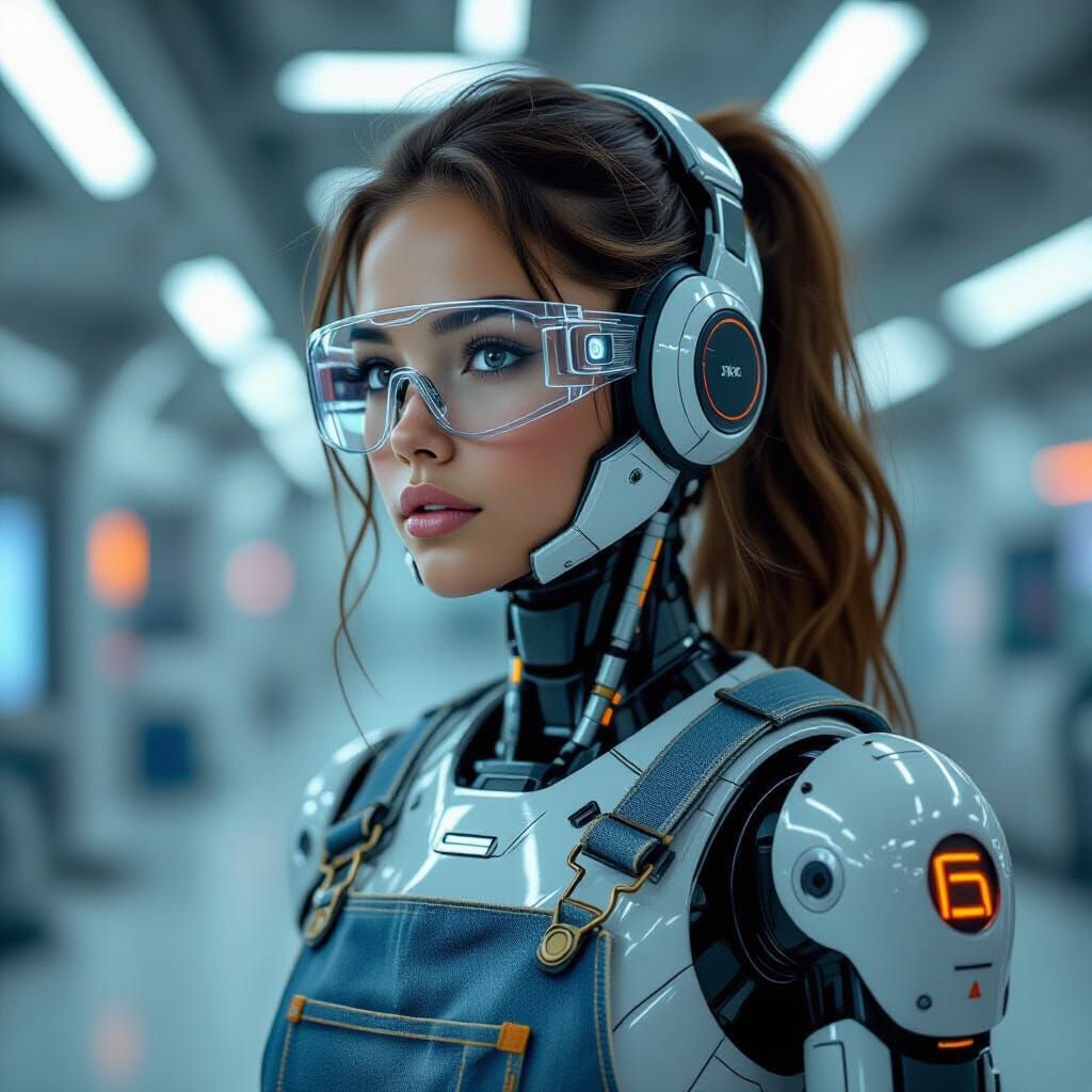 Curious Robot Girl in Overalls with Safety Goggles