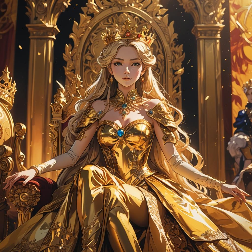 Anime Queen with Golden Crown and Fiery Light