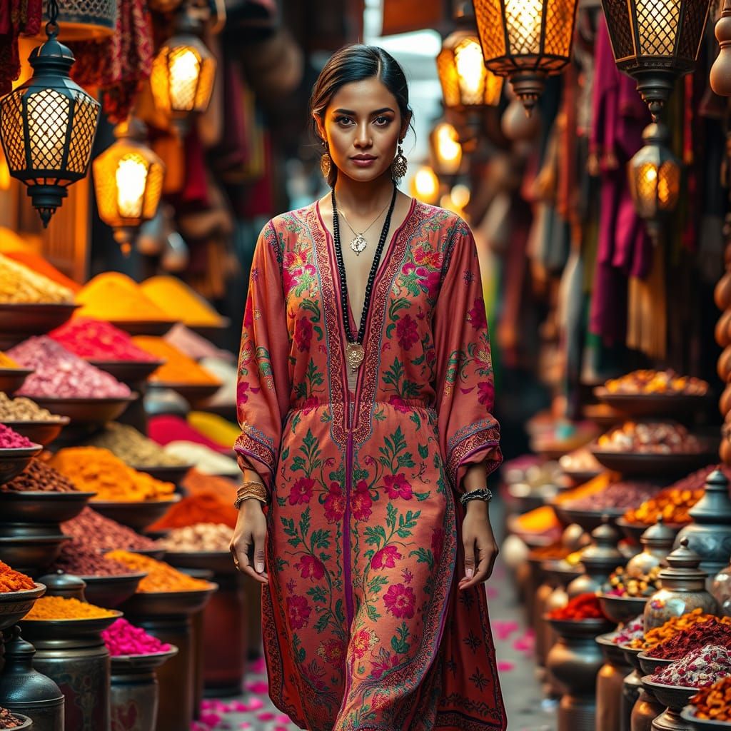 Vibrant Latina Woman Strides Through Marrakesh Souk with Cap...