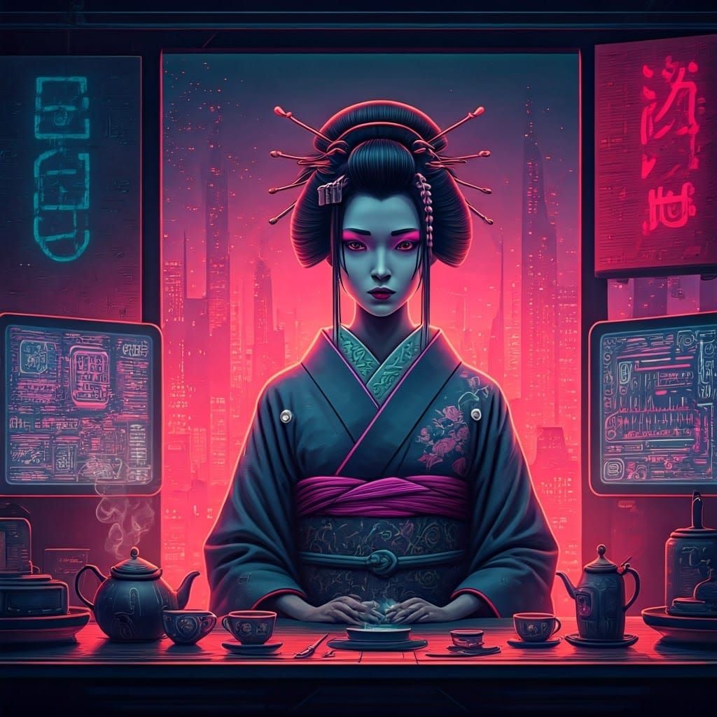 Cyberpunk Geisha in Futuristic Tea House