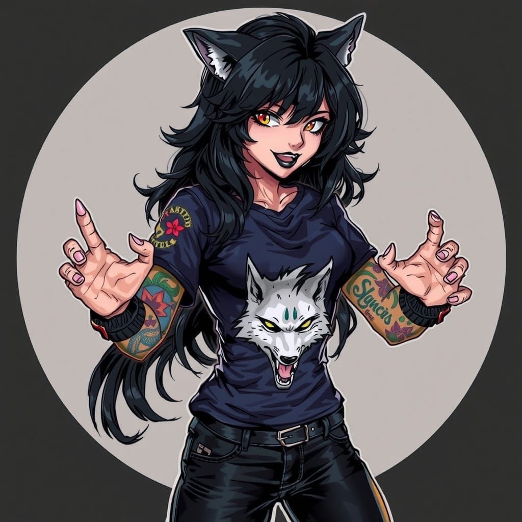 Wolf Woman Posing with Tattoos in Stylized Realism