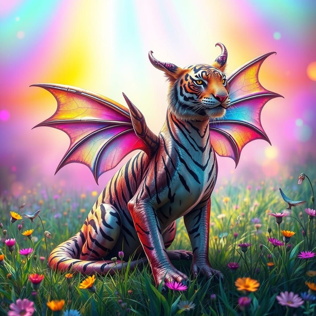 Regal Fairy Dragon Tiger in Vibrant Meadow Realism