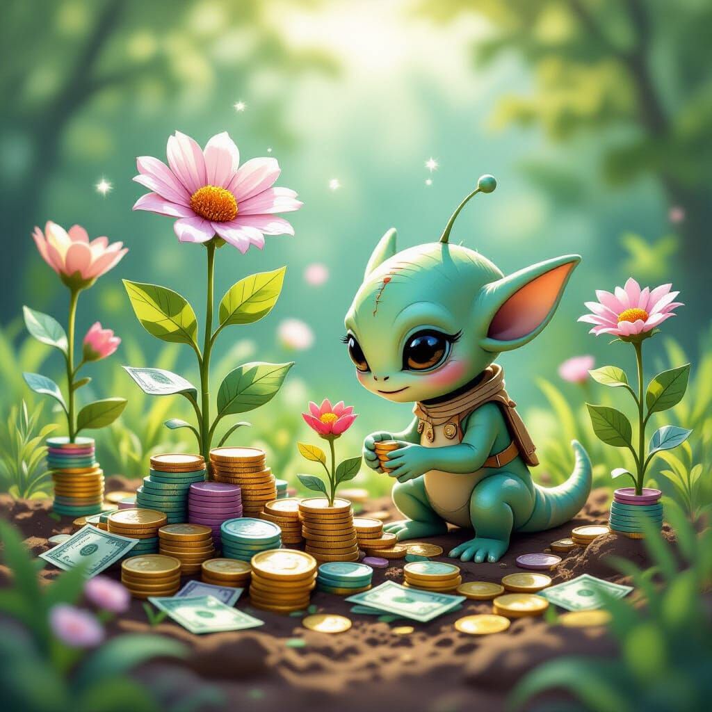 Whimsical Alien Tends Money Garden in Storybook Style