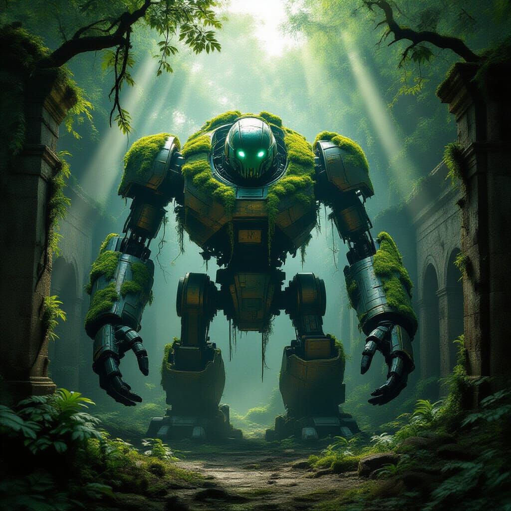 Ancient Automaton in Overgrown Forest Ruin
