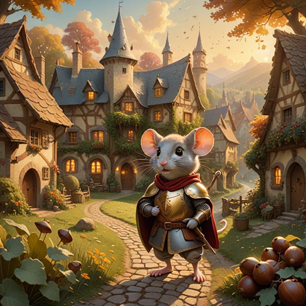 Whimsical Mouse Knight in Idyllic Village