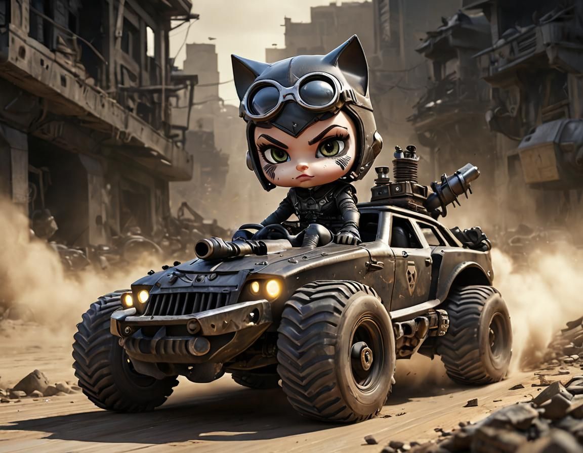 Chibi Catwoman Races Tank in Mad Max Style