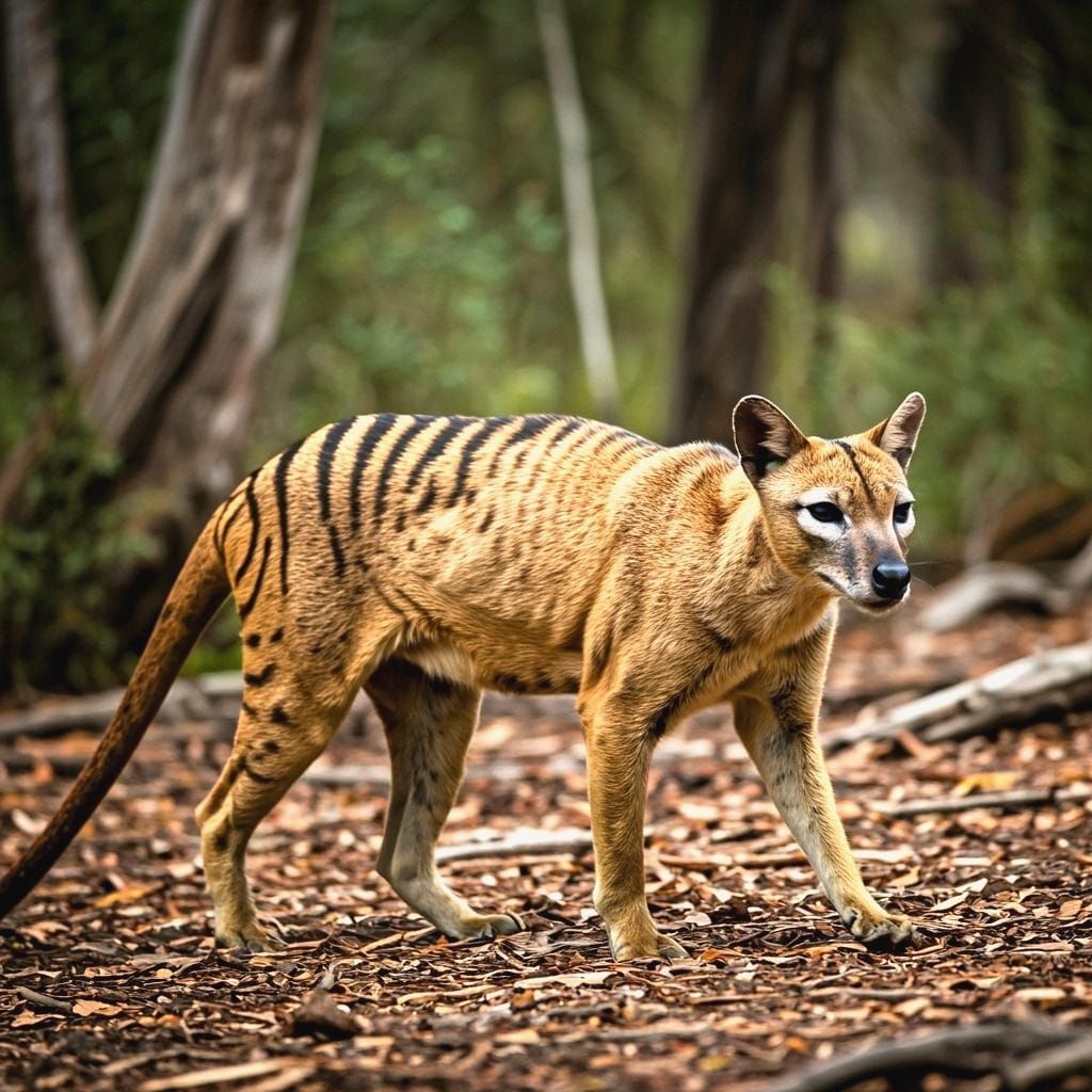 Thylacine Stalking Prey in Ancient Tasmania