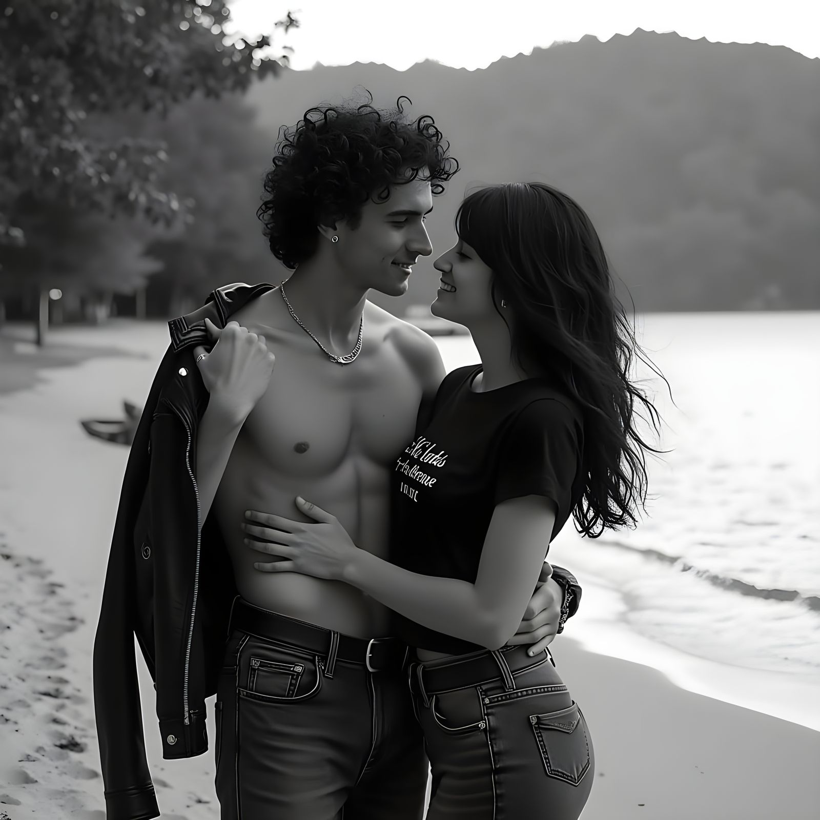 Tender Embrace on Sandy Beach in Black and White