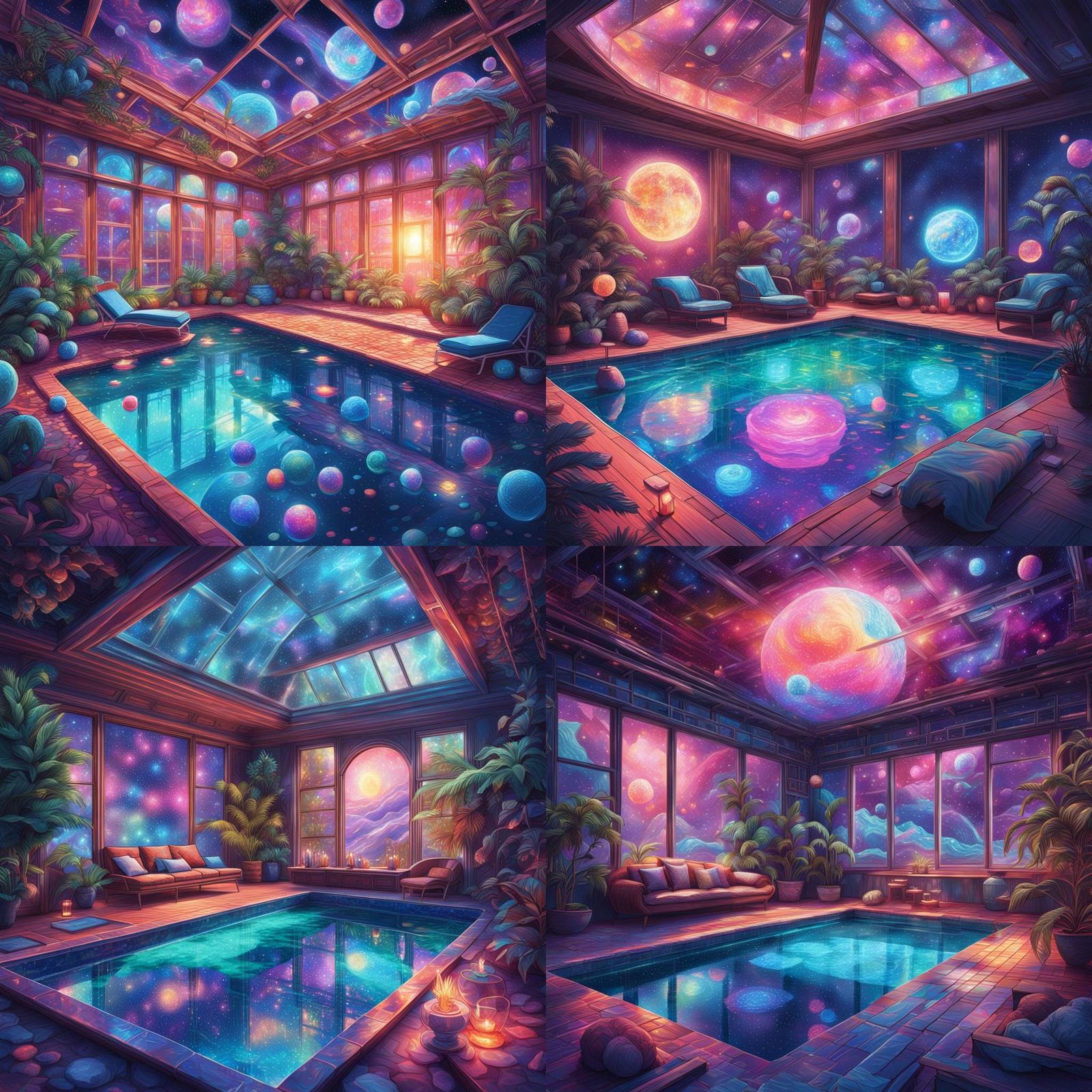 Cozy Indoor Pool: Holographic Astral Cosmic Illustration