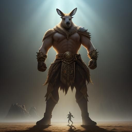 Anthro Kangaroos Boxing in Fantasy Arena as Oil Painting