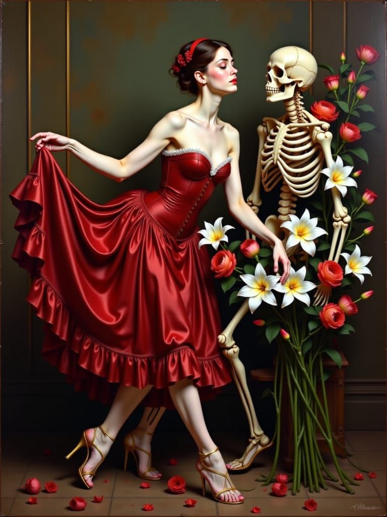 Skeleton Ballerina in Red Satin with Skull and Lilies