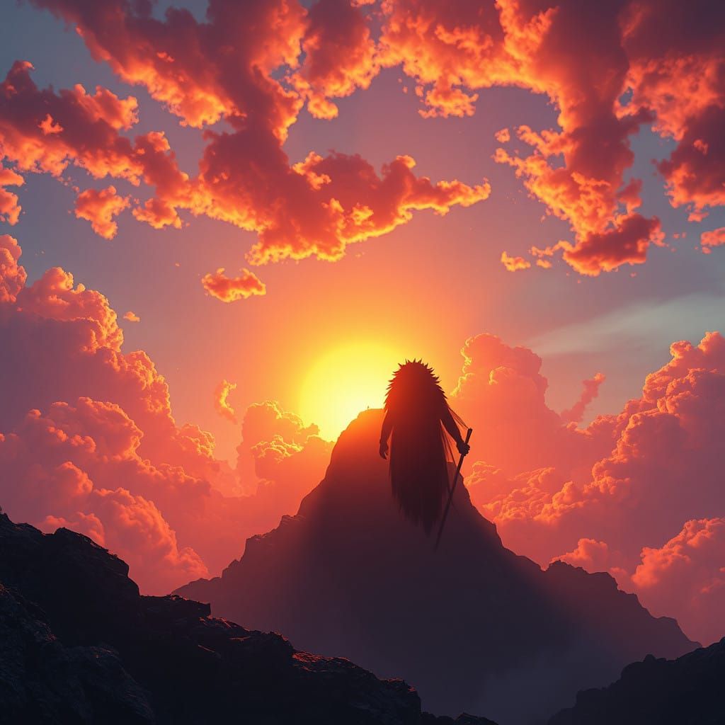 Mystical Figure Rises as Sunbreaks Horizon in Vibrant Unreal...