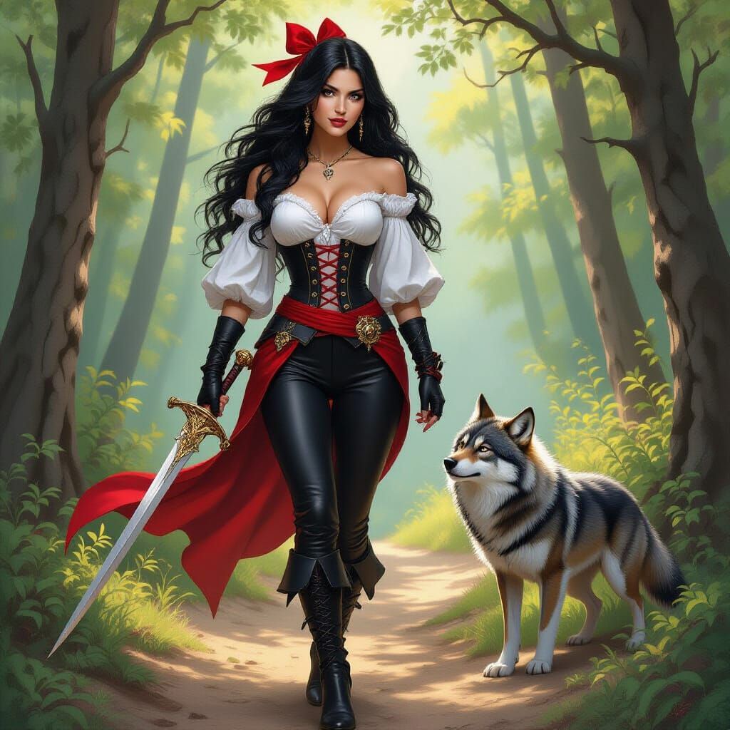 Fantasy Oil Painting: Woman in Leather Pants with Rapier Mee...