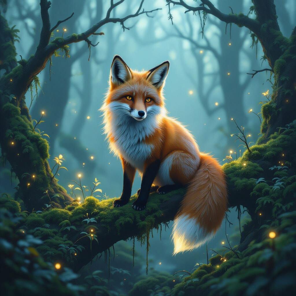 Bioluminescent Fox in Ethereal Forest Digital Painting