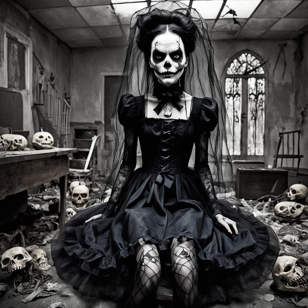 Gothic Cross Dresser in Haunted Funeral Home at Night