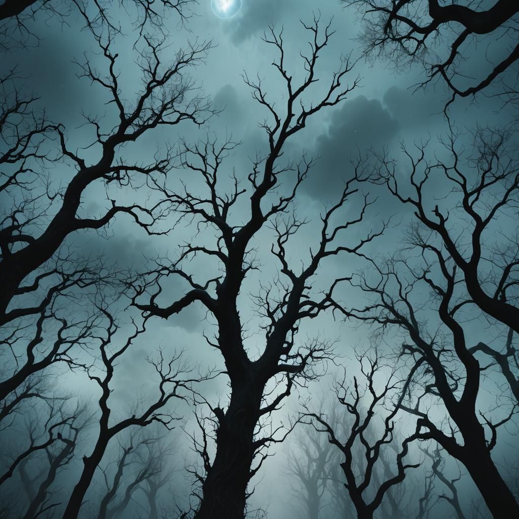 Eerie Landscape with Twisted Trees in Icy Mist