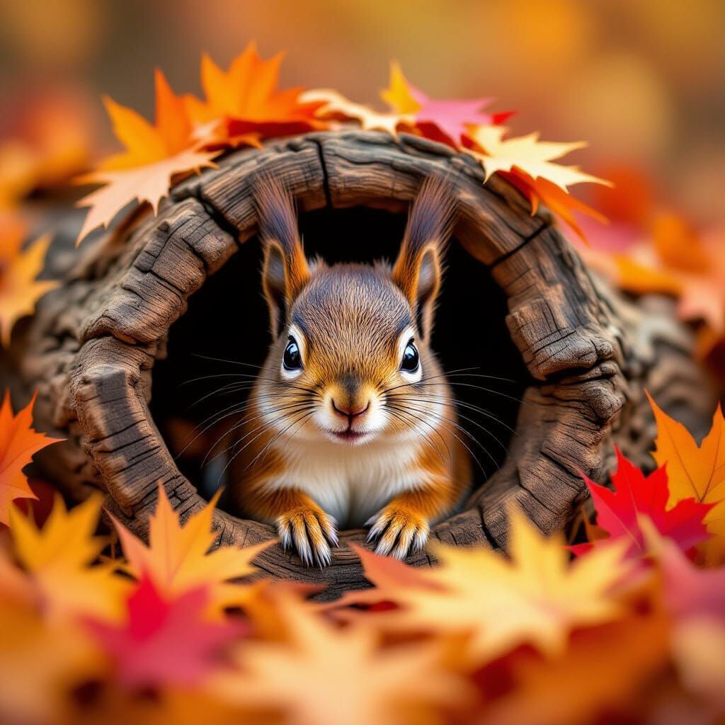 Mischievous Squirrel Peeking From Log Amid Autumn Leaves