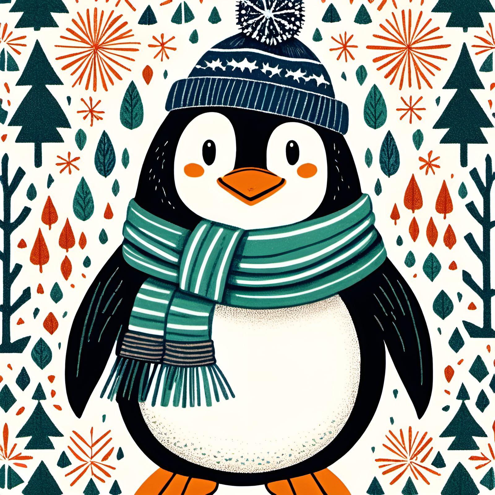 Penguin Portrait in Winter Linocut Style