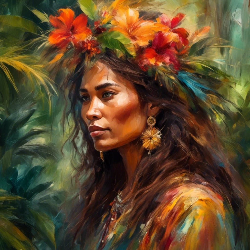 Polynesian Woman with Flower, as Oil Painting