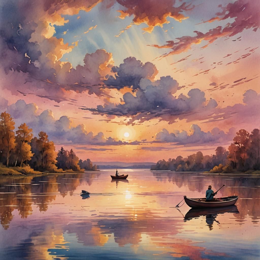 Sunset Guitar Serenade on Calm Waters: Digital Painting