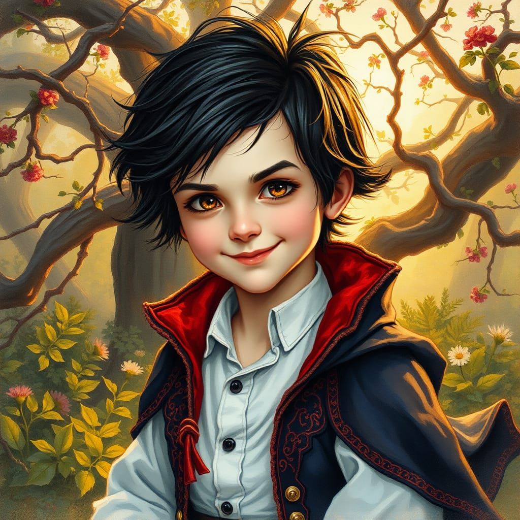 Mysterious Boy Vampire in Whimsical Garden