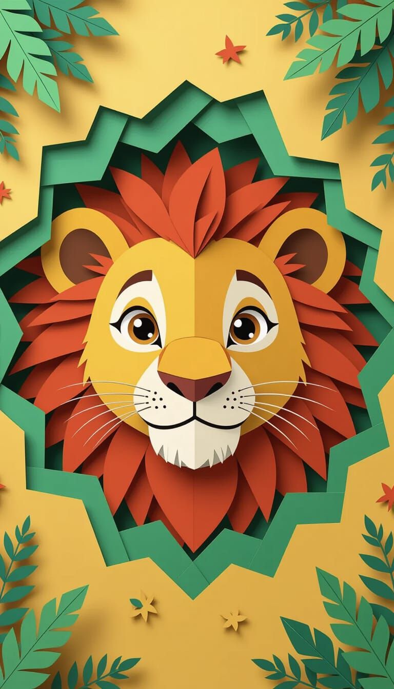 Cute Lion in Paper Jungle, Pop-Up Book Style