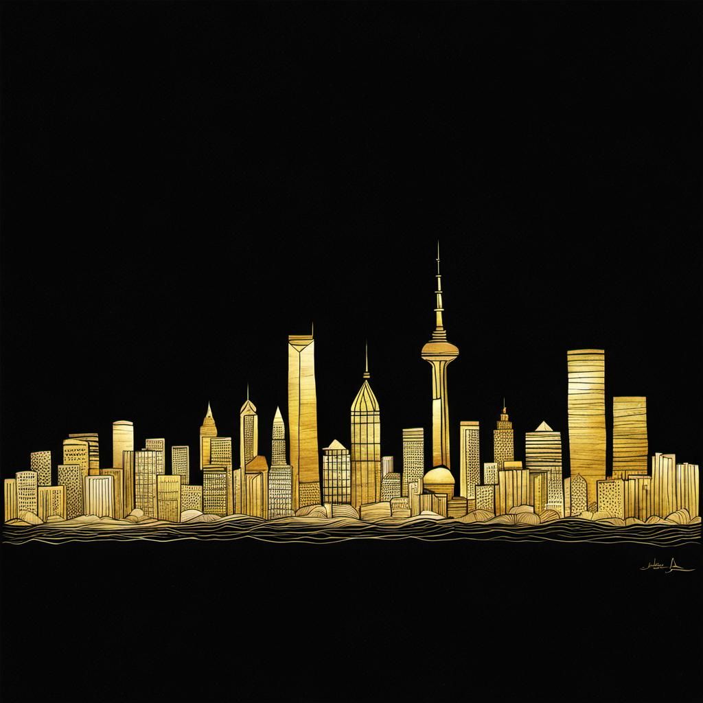 Golden Skyline Ink Drawing on Black