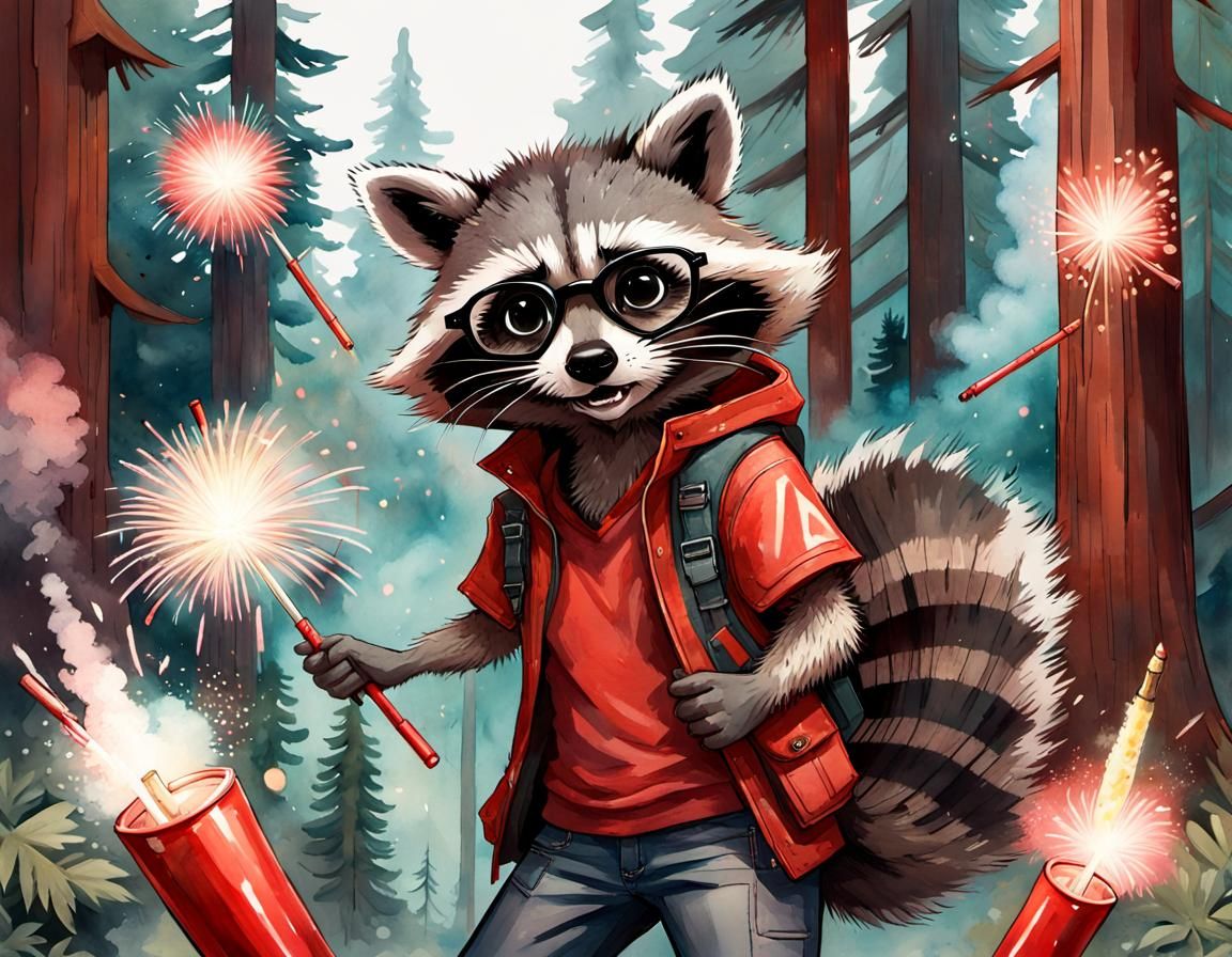 Raccoon with Fireworks in Redwood Forest, Watercolor Manga