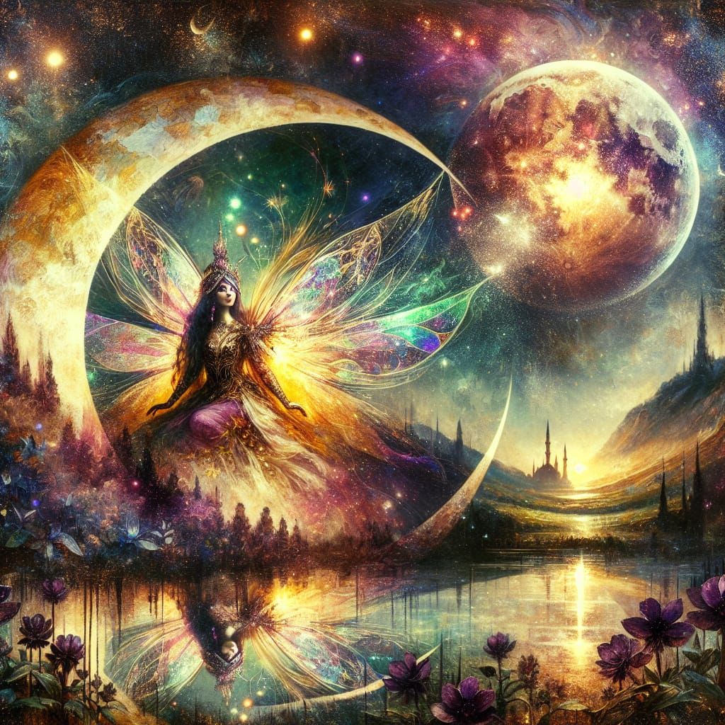 Crescent Moon Microcosm with Middle-Eastern Fairy in Waterco...