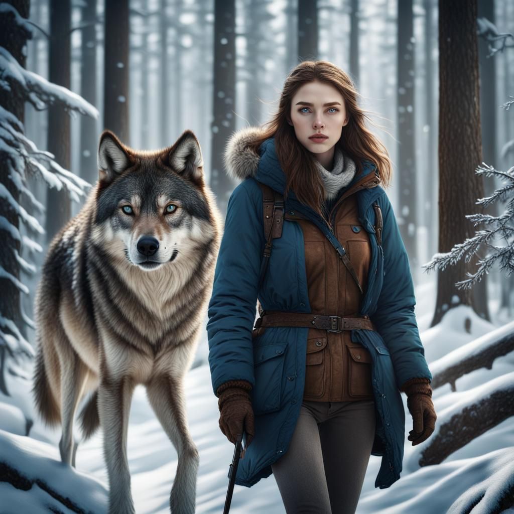 Teenage Girl Hunting Wolf in Snowy Forest
