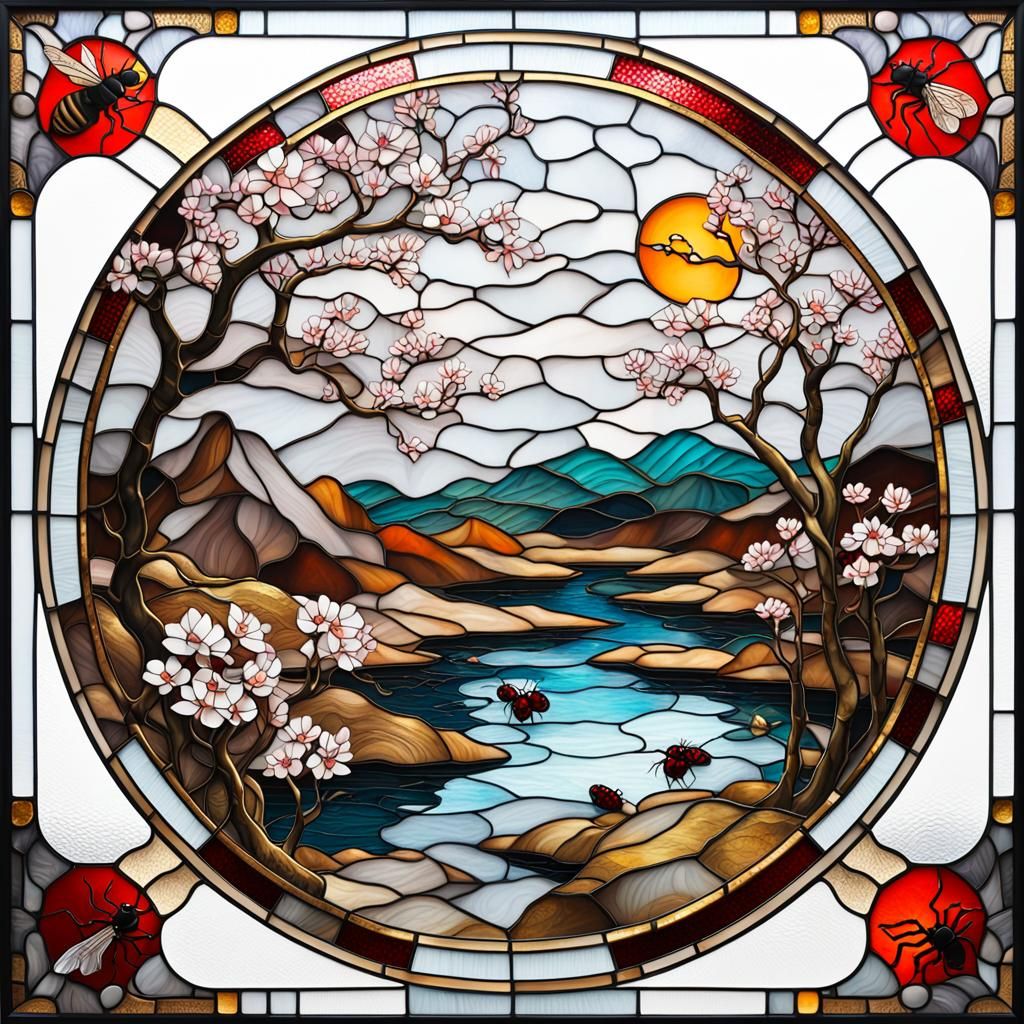 Surreal Stained Glass Can with Sakura Landscape