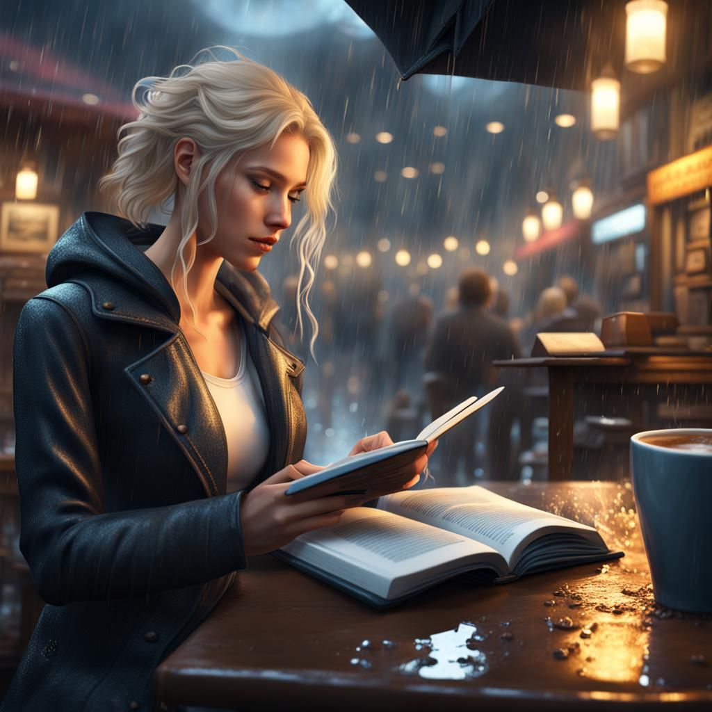 Blonde Girl Reading in Rainy Coffee Shop