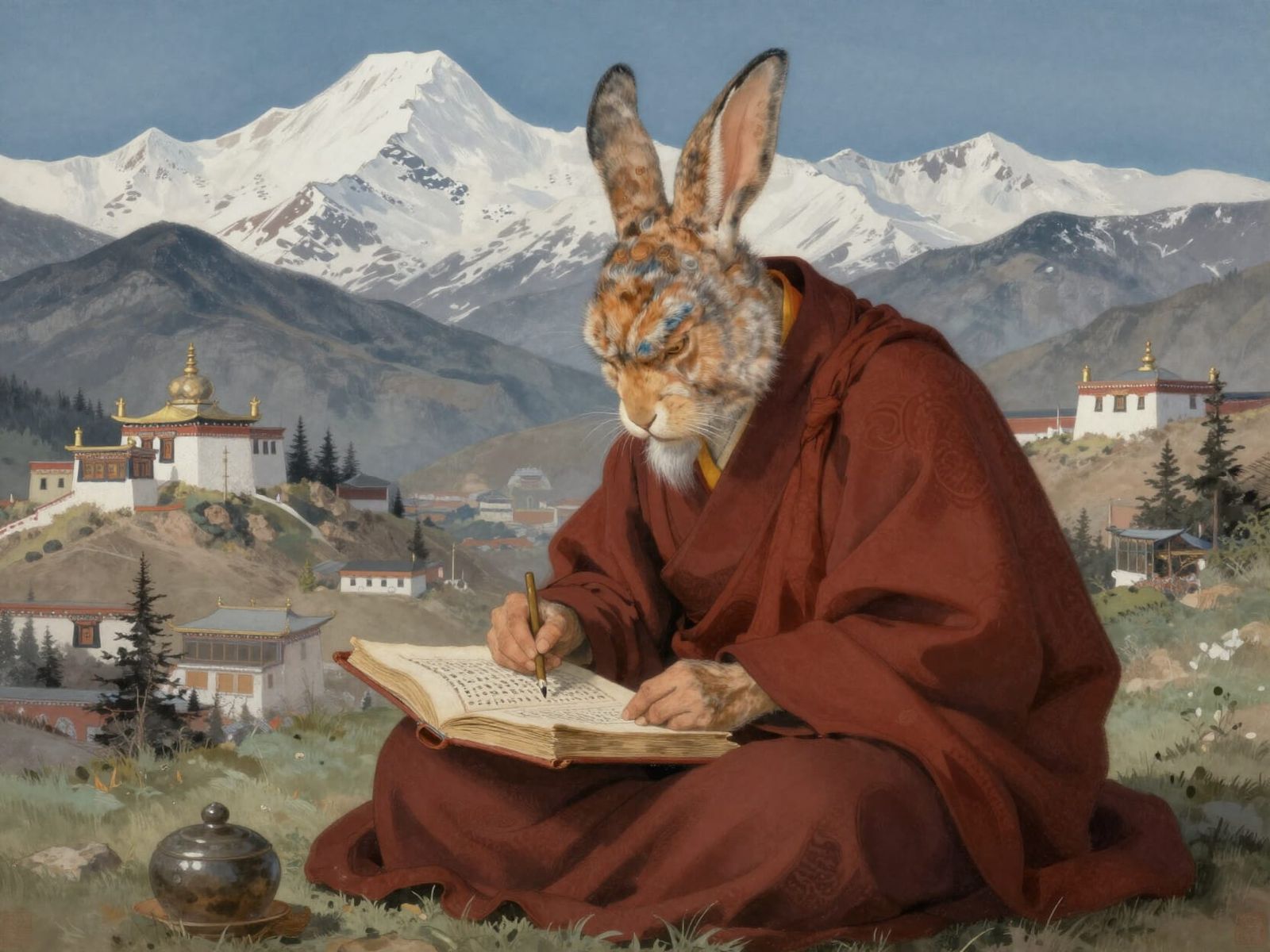 Wise Rabbit Monk Studies Ancient Tome in Himalayan Monastery