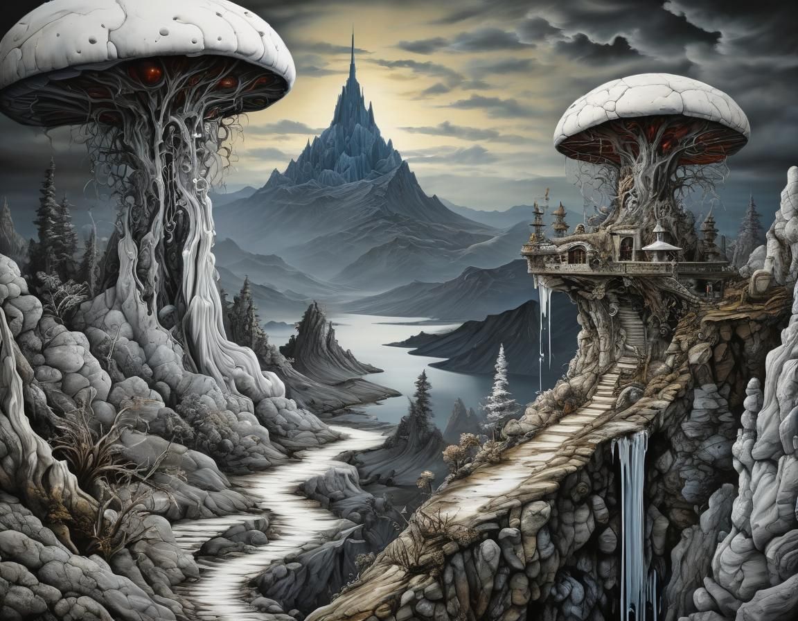 Myconid on Mountaintop in Grisaille Style