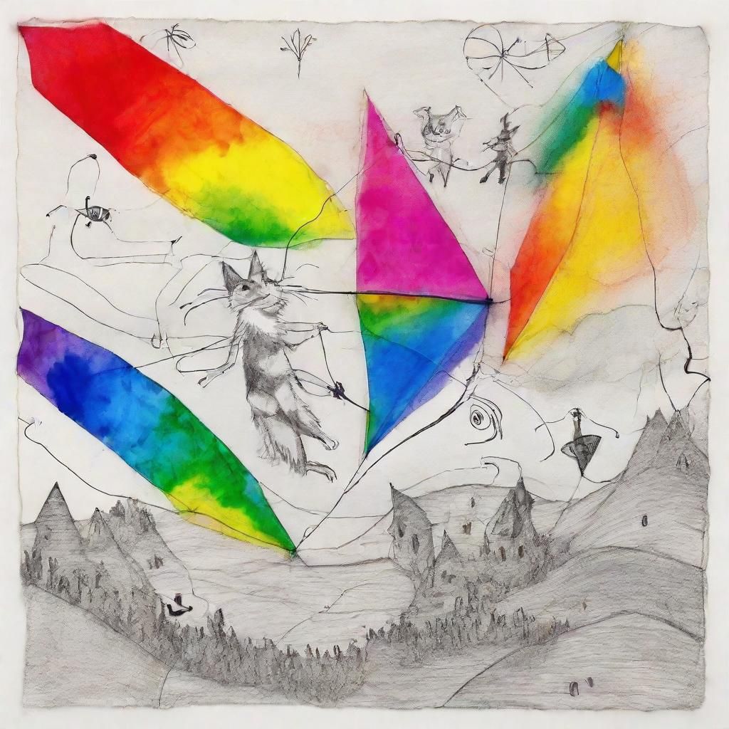 Anthropomorphic Cats Flying Kites: Surreal Crayon Drawing