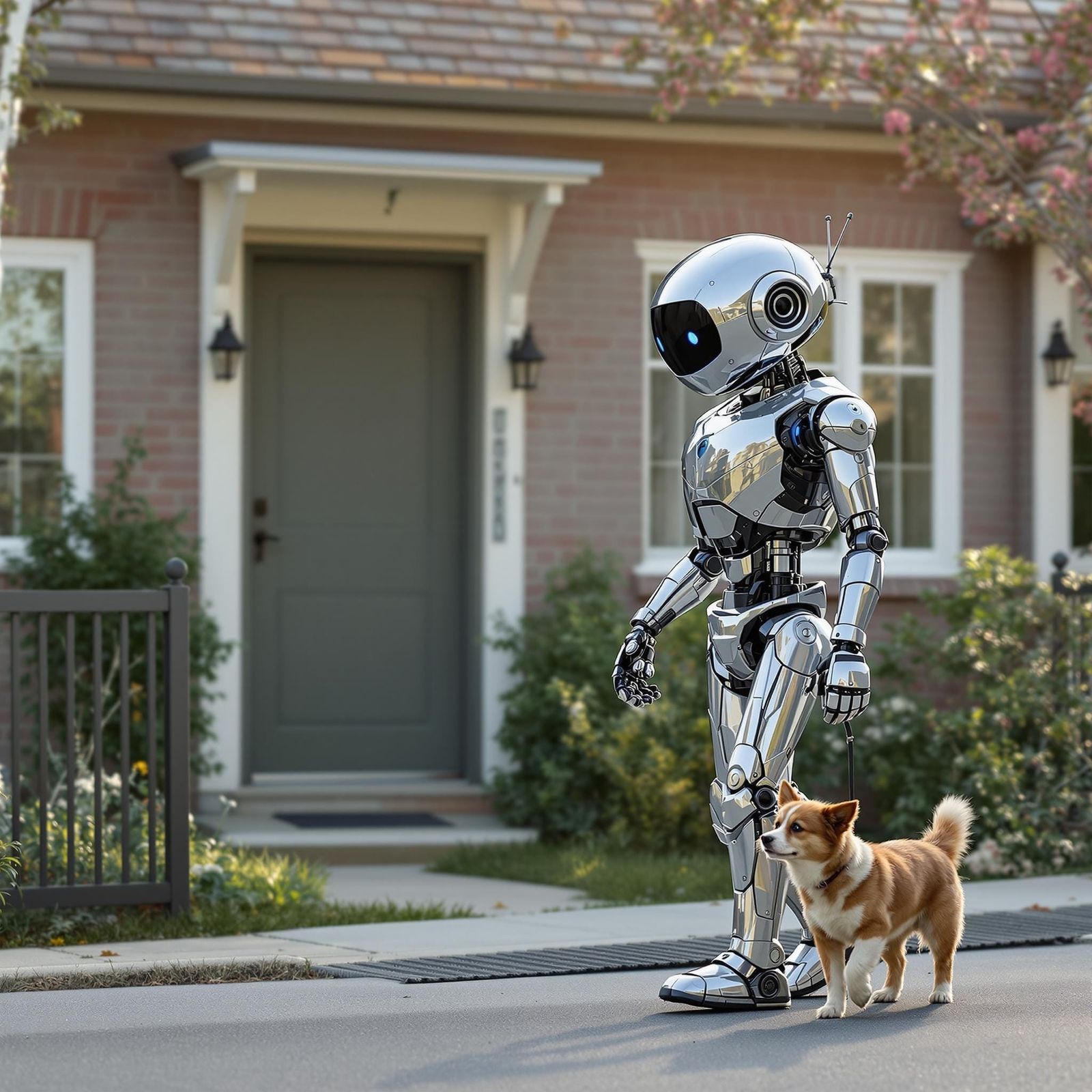 Metallic Robot Android Takes Family Dog for a Walk on a Sunn...