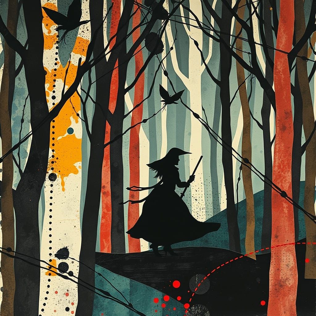 Moody Forest Witch in Abstract Textured Collage