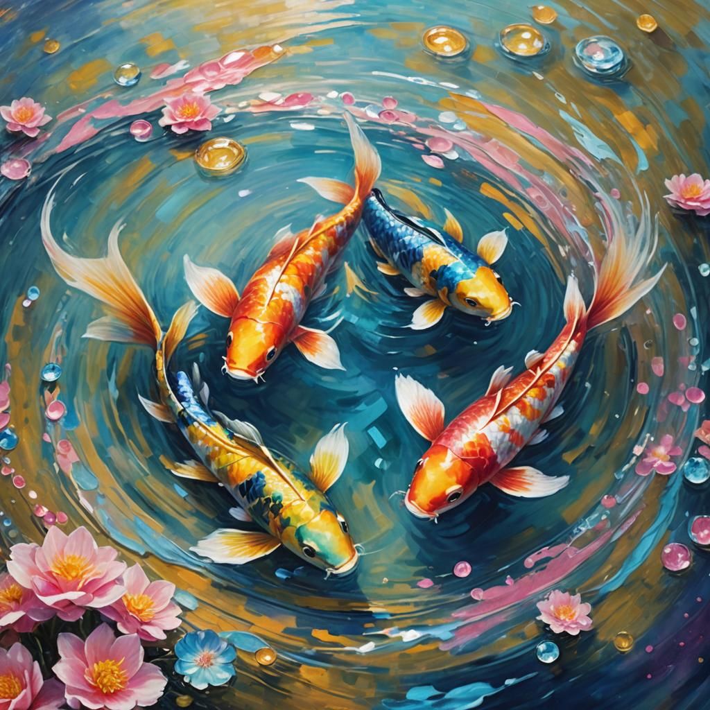 Koi Fish in Pond: Triadic Colors, Oil Painting