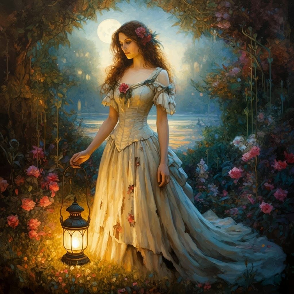 Melancholic Woman in Moonlit Garden, in a Dreamlike Oil Pain...