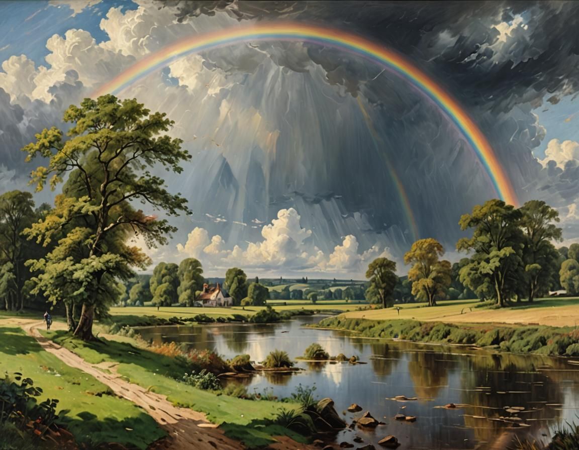 Landscape Oil Painting with Rainbow in Classical Style