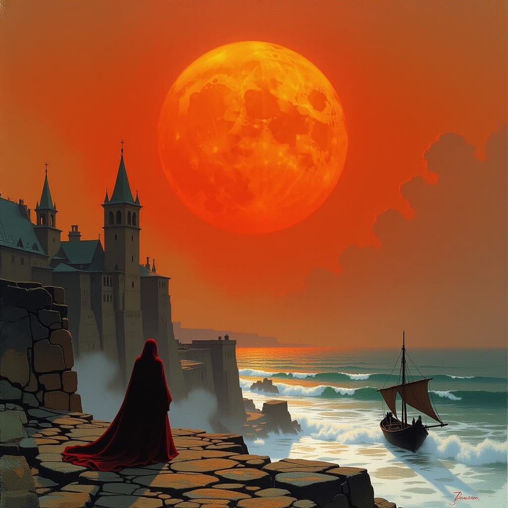 Scarlet Sun Over a Grim Coastline