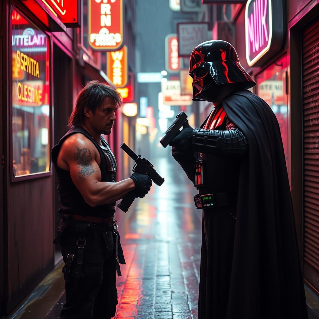 Cyberpunk Alleyway Standoff: Rambo vs Darth Vader
