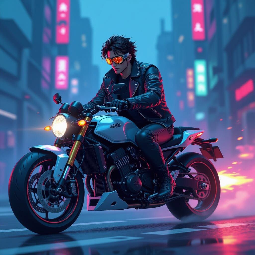 Anime Biker in Futuristic Neon Landscape