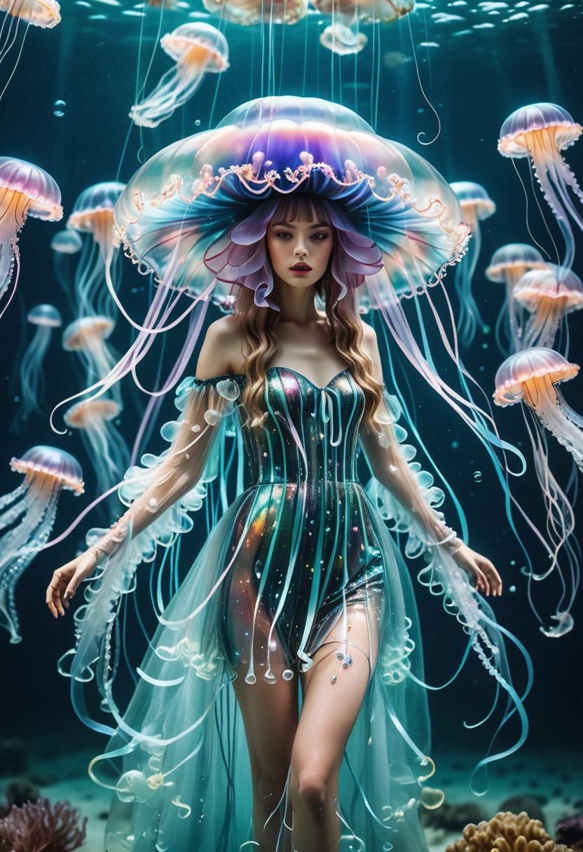 Underwater Fashion: Girl in Jellyfish Hat, Dreamy Pastel Art
