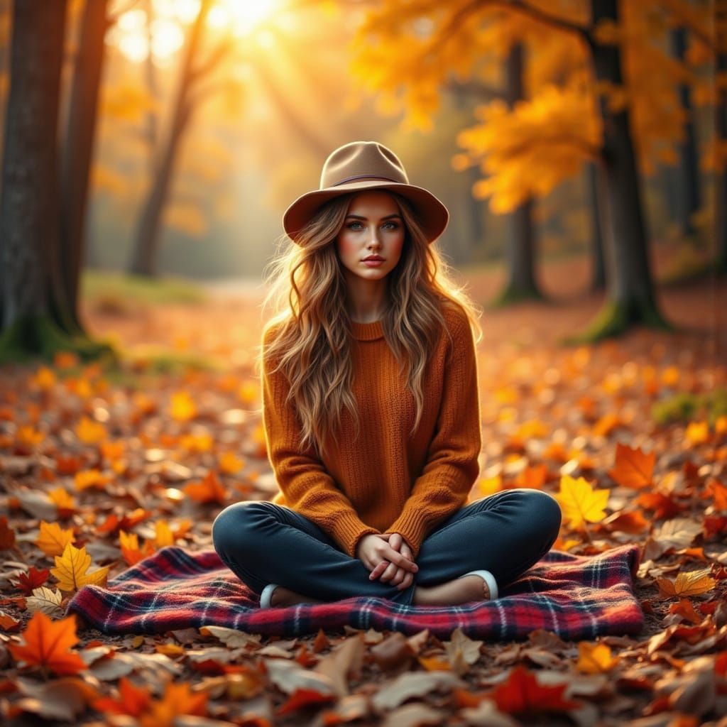 Serene Autumn Goddess Surrounded by Vibrant Fall Leaves