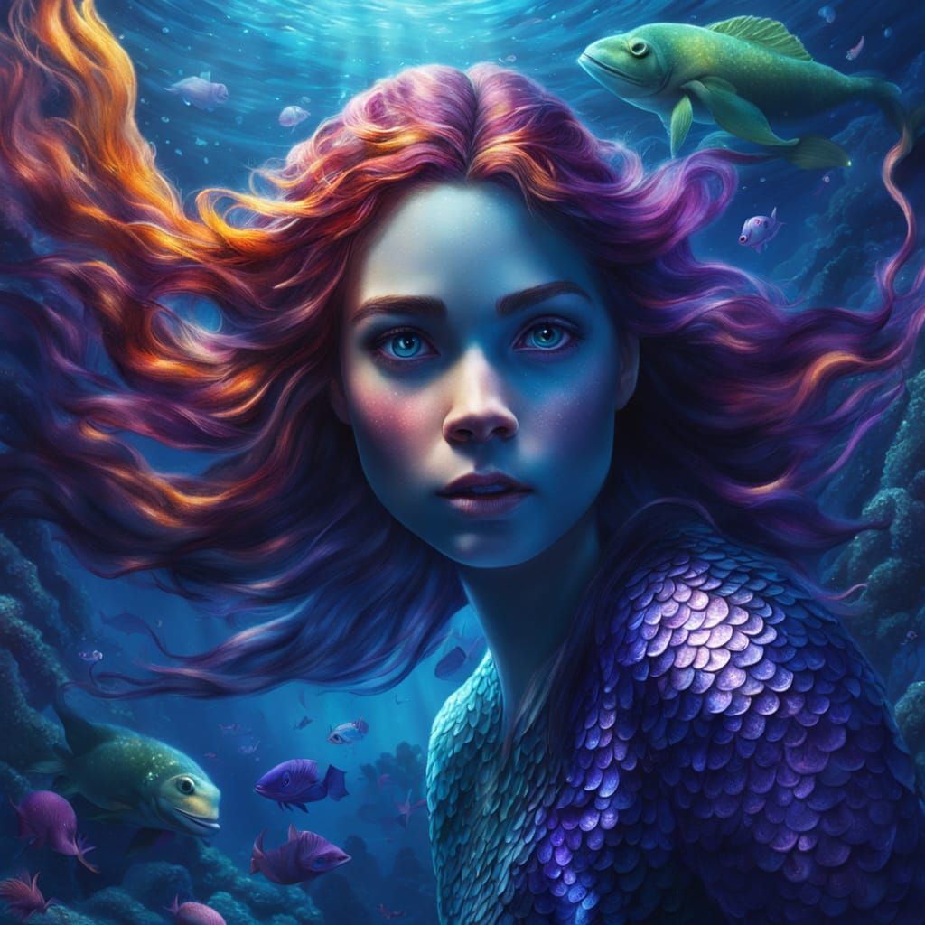 Mysterious Mermaid Portrait in Underwater Grotto
