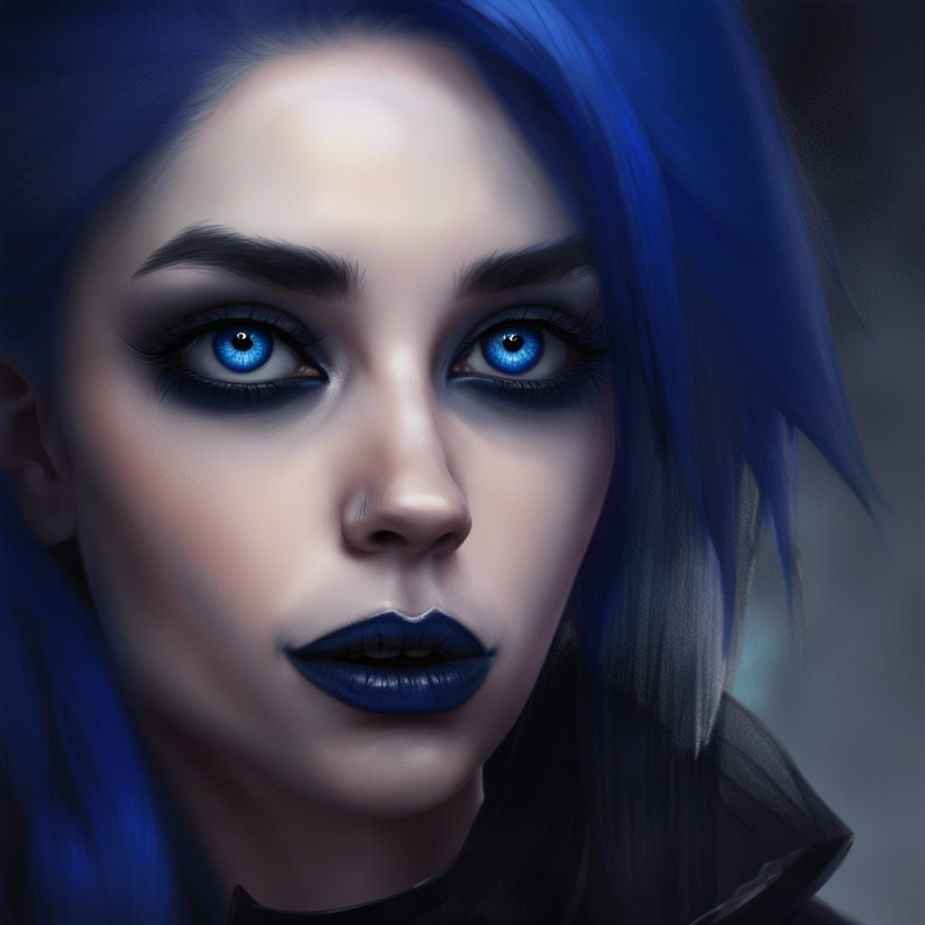 Ethereal Gothic Young lady with witchy vibes and Wiccan vibes and Cobalt blue hair and Black eyeshadow and cobalt blue e...